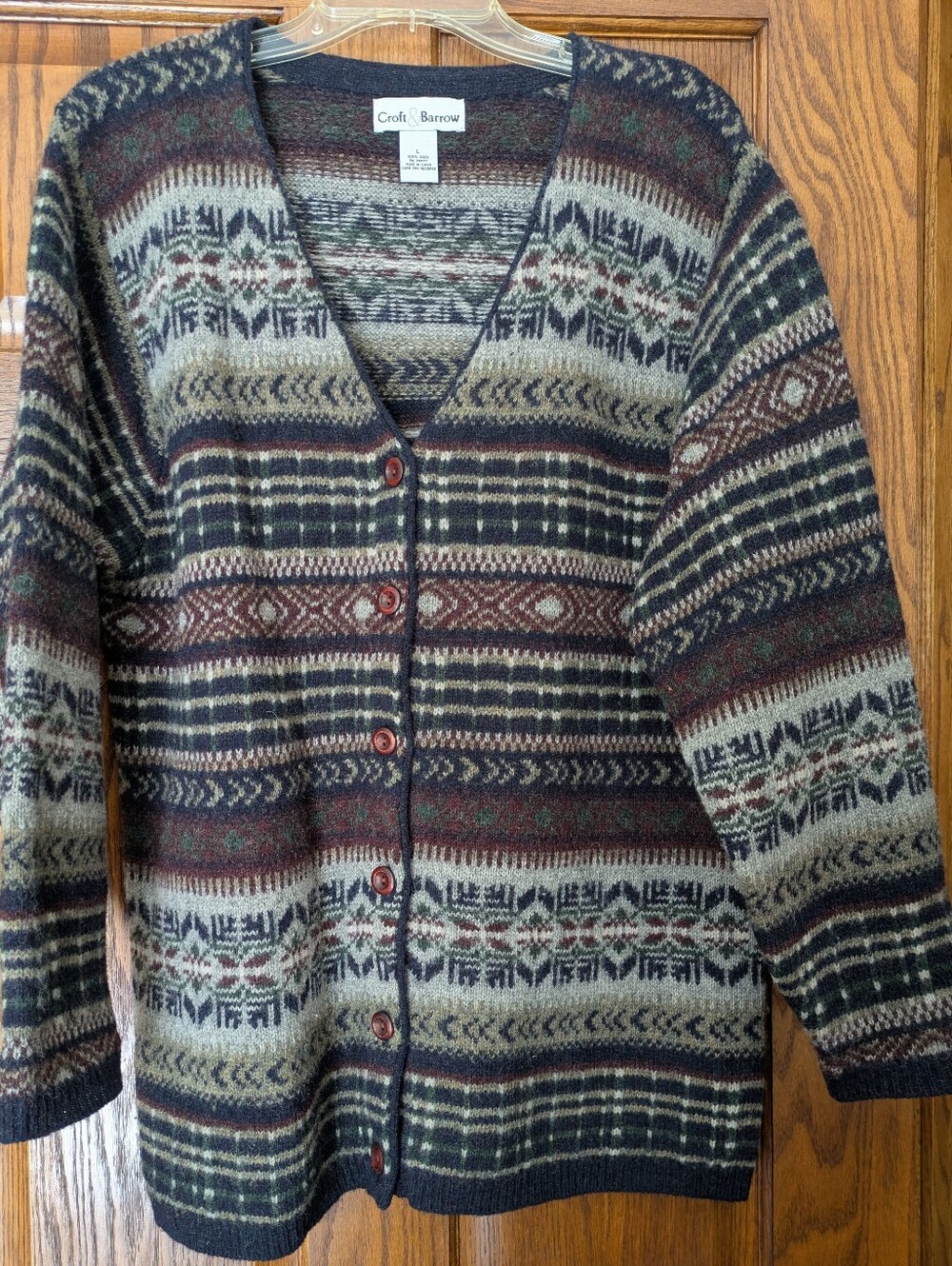 Croft & Barrow Fair Isle Button 100% Wool Cardigan - Size L